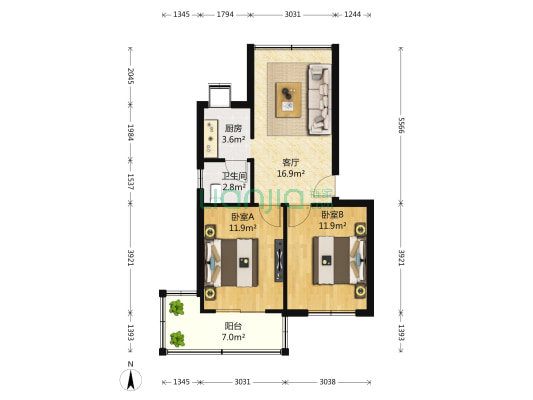 湖北艺术职业学院职工宿舍 2室1厅1卫 68平方