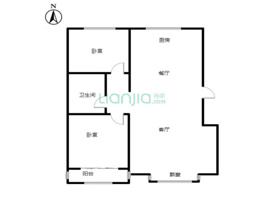 双塔青花府电梯洋房 一梯两户 南北通透两居室 精装修-户型图