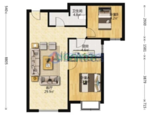 急售三利B区朝南大两居，满二无尾款，价格美丽可小叨-户型图