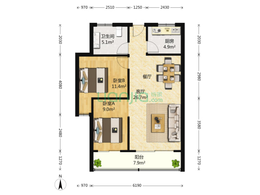 新华源公寓 2室2厅1卫 110平方