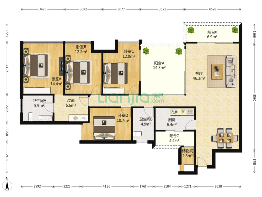 金科廊桥水岸(江北) 4室1厅2卫 170平方