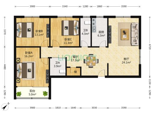 英达大厦 3室2厅2卫 151平方