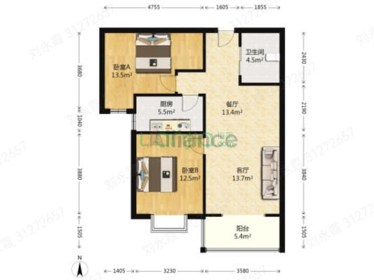 金阳瑞景 2室1厅 南-户型图