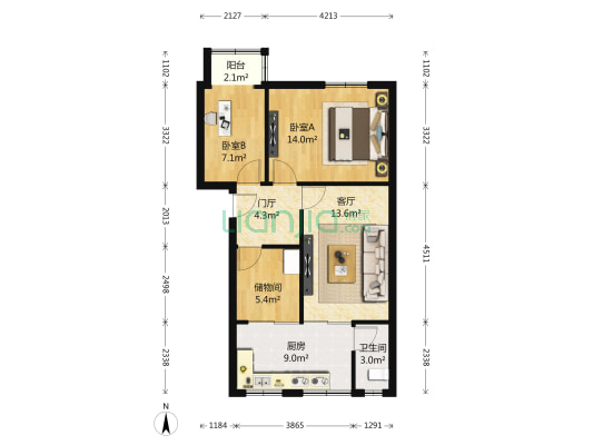将军街68号 2室1厅1卫 74平方