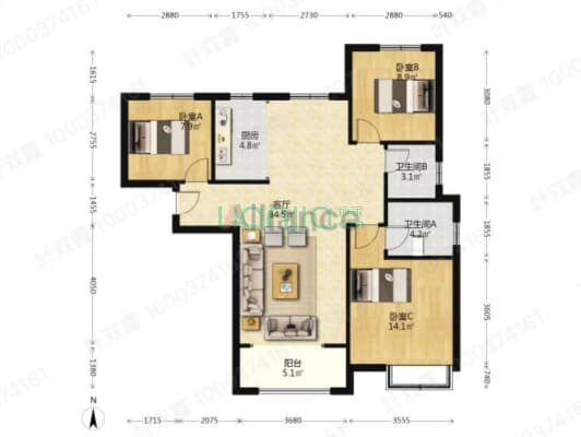 天保馨悦湾 3室2厅 南 北-户型图