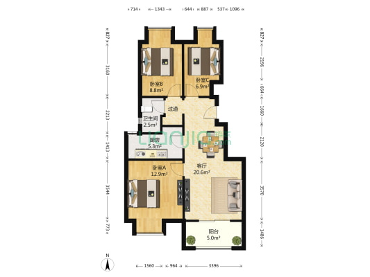 万科金色半山 3室1厅1卫 79平方