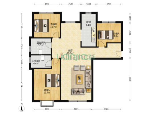 高铁新干线双卫大三居，明厨明卫-户型图