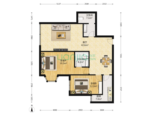 盛世嘉园 2室1厅2卫 128平方