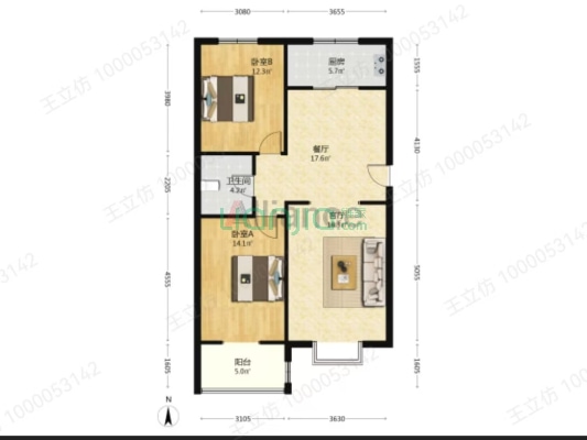 近二康医院，一层，南北通透两居，房本满五唯一。-户型图