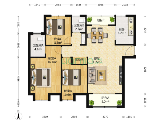 旭日爱上城第六区 3室1厅2卫 130平方