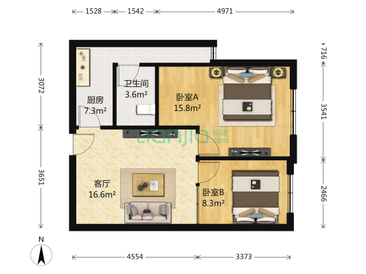 才子中心 2室1厅1卫 71平方
