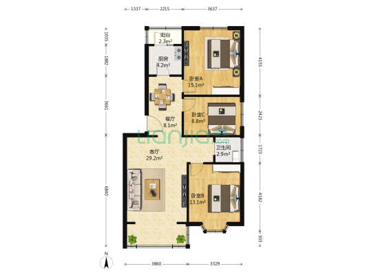 碧桂园小区二区 3室2厅1卫 110平方