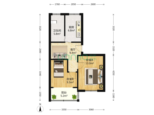 京浦花园 2室1厅1卫 63平方