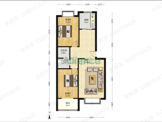 房本满五唯一税费低，户型方正，板楼低楼层，采光好-户型图