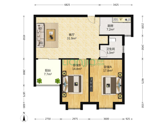 奥体新城青桐园 2室1厅1卫 93平方