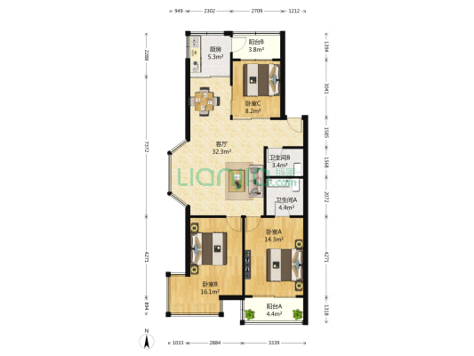 泉印兰亭 3室1厅2卫 117平方