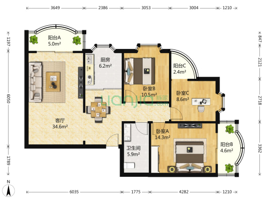 置信花园 3室1厅1卫 116平方