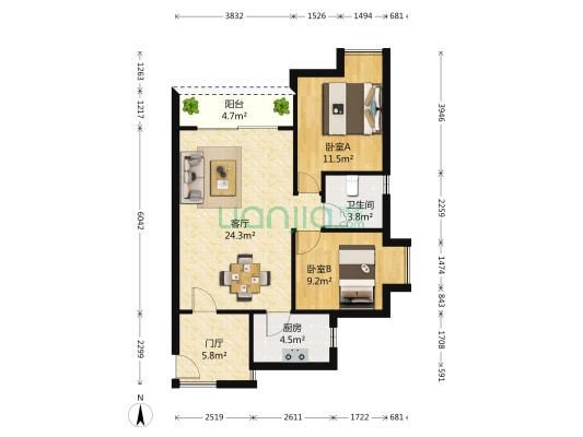 富力城瀚湖A区 2室1厅1卫 82平方