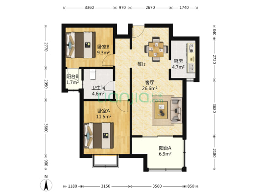 滨江晶典 2室2厅1卫 91平方