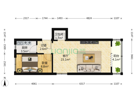 麦子店街 1室1厅1卫 55平方