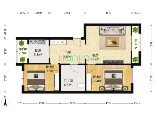 康达园 2室1厅1卫 93平方