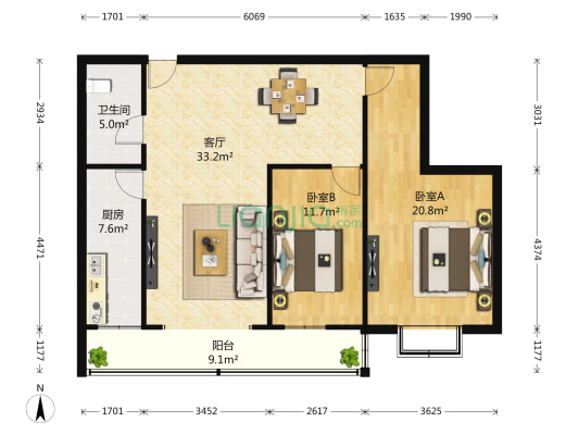 轻骑大厦 2室1厅1卫 120平方