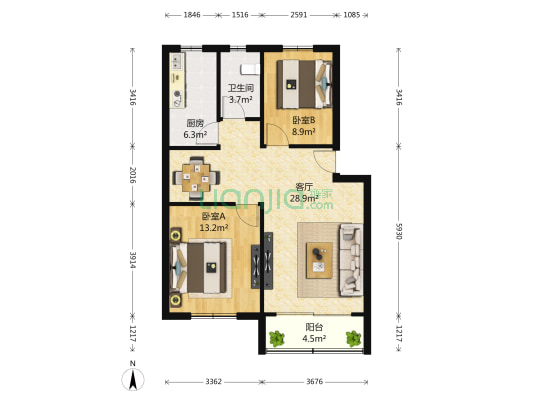 龙都花园 2室1厅1卫 82平方