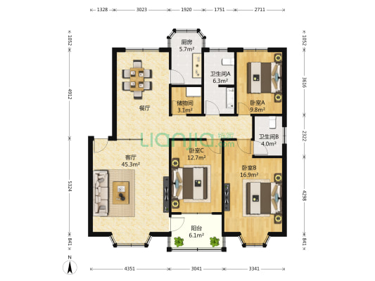 金石達花園 3室1厅2卫 140平方