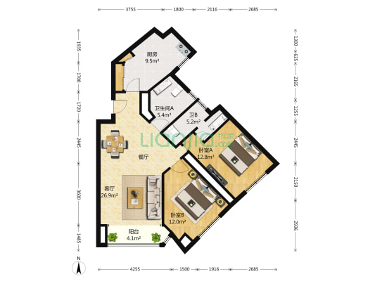 华生大厦 2室1厅2卫 112平方