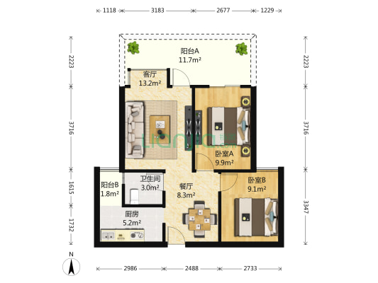 蓝光富丽花城 2室2厅1卫 59平方