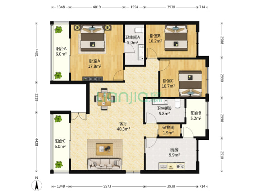 水仙苑(闵行)(公寓) 3室1厅2卫 145平方