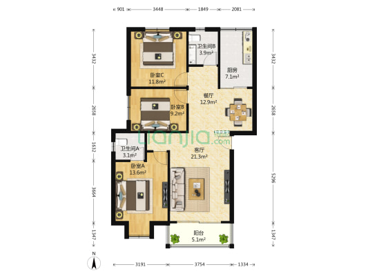 锦湘国际星城一期 3室2厅2卫 107平方