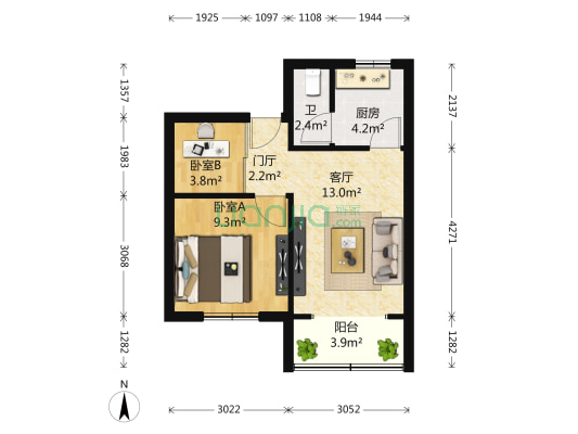 实业街57号 2室1厅1卫 48平方