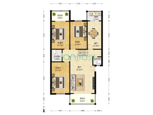 榕影苑 3室2厅2卫 134平方