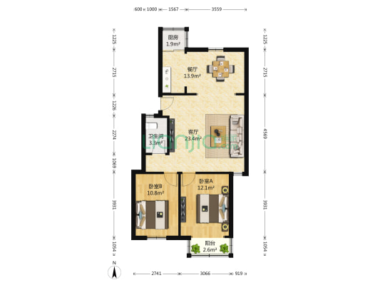幕府佳园 2室2厅1卫 88平方