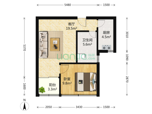 华滨家园 1室1厅1卫 54平方