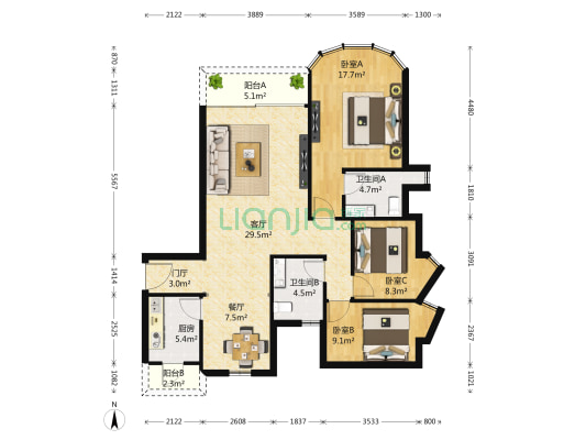 金地海景翠堤湾 3室2厅2卫 128平方