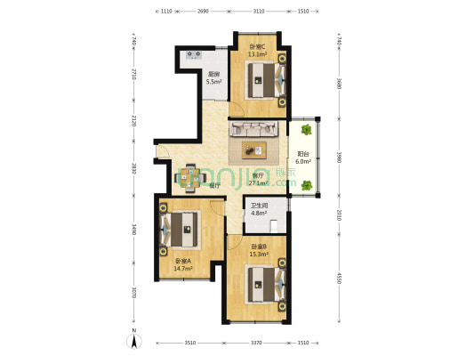 帕缇欧香苑 3室2厅1卫 108平方