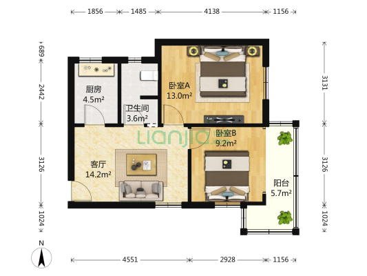 紫藤苑 2室1厅1卫 64平方