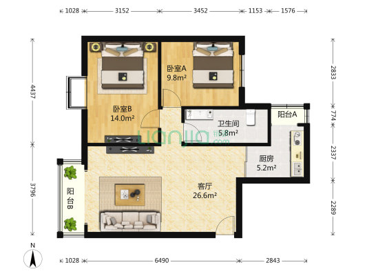 绿岛水岸 2室1厅1卫 89平方