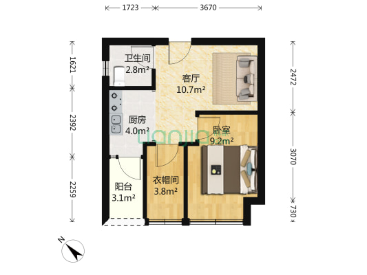正黄金域国际 1室1厅1卫 49平方