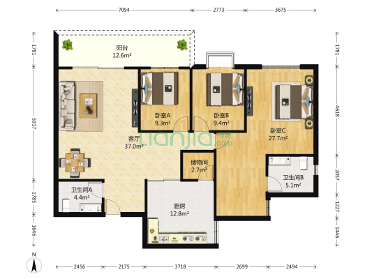 重大花园 3室1厅2卫 147平方