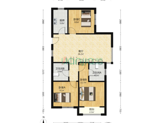 涿州城西  西京都70年产权109平通透三居高层住宅-户型图