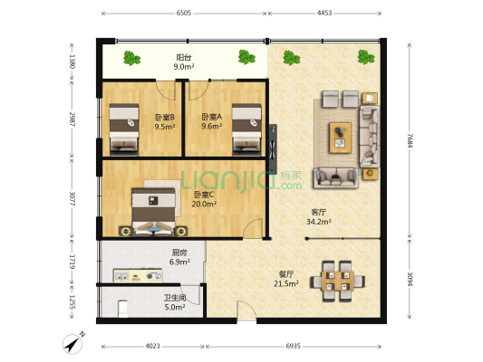 尖山路16号 3室2厅1卫 136平方