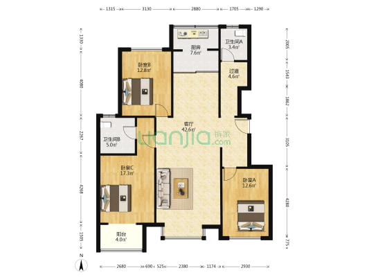 嘉诚华府 3室1厅2卫 140平方