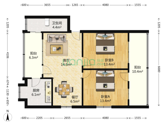 铁三院四合院 2室2厅1卫 82平方
