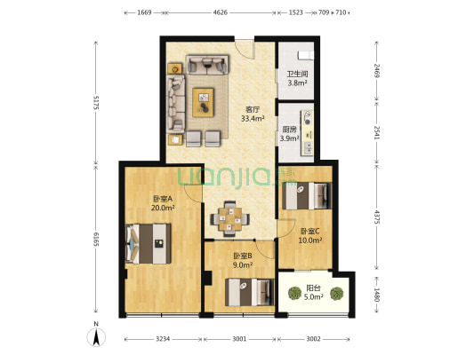 天成花园 3室1厅1卫 88平方