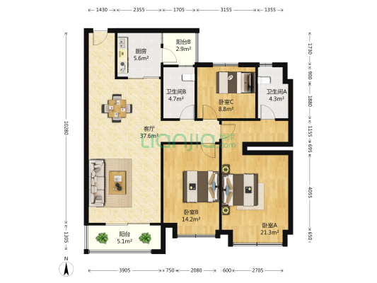 恒大中心 3室1厅2卫 136平方