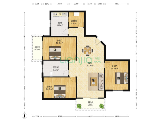冰晶兰馨苑 3室1厅1卫 136平方