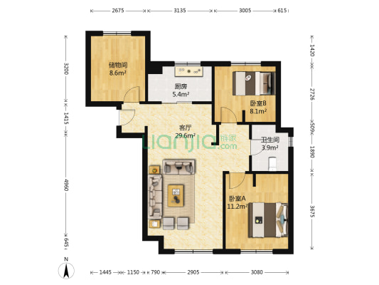 中航华府 2室1厅1卫 93平方